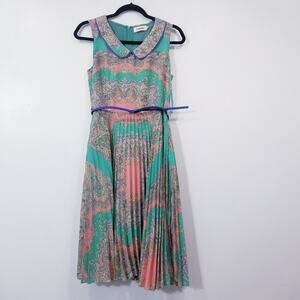 Louche Elegant LEAH-Paisley Dress in Teal and Coral with Belt